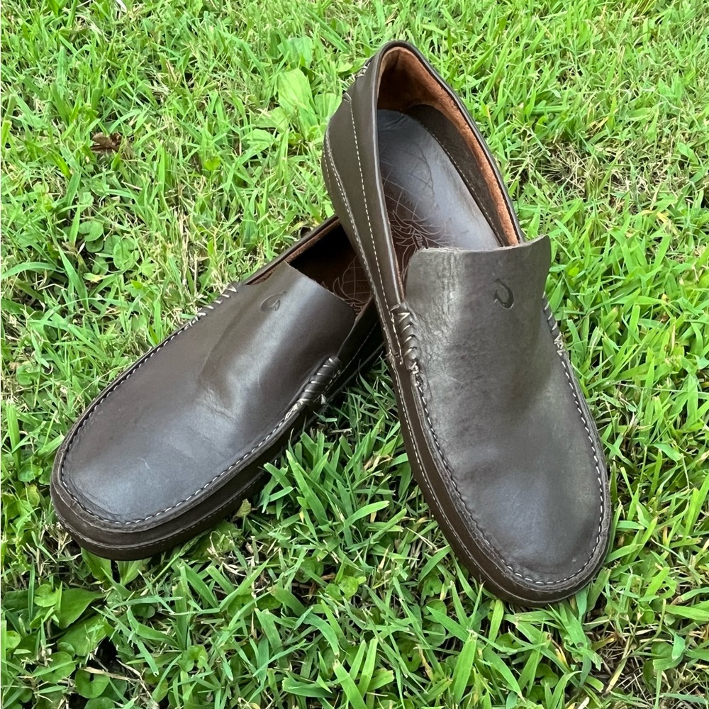 OluKai Brown Leather Slip-On Loafers Moccasin Style